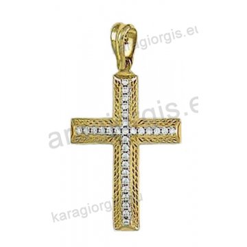 Βαπτιστικός σταυρός για κορίτσι χρυσός με ένθετο λευκόχρυσο σταυρό με άσπρες πέτρες ζιργκόν σε ματ φινίρισμα .