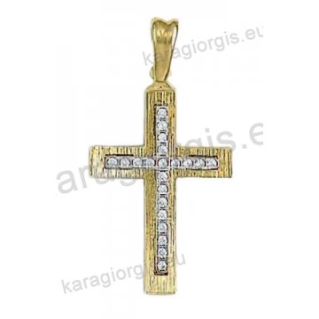 Βαπτιστικός σταυρός για κορίτσι χρυσός με ένθετο λευκόχρυσο σταυρό με άσπρες πέτρες ζιργκόν σε σαγρέ φινίρισμα .
