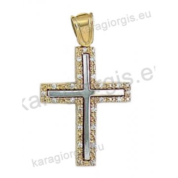 Βαπτιστικός σταυρός για κορίτσι χρυσός με ένθετο λευκόχρυσο σταυρό με άσπρες πέτρες ζιργκόν σε λουστρέ φινίρισμα .