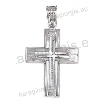 Βαπτιστικός σταυρός για αγόρι σε λευκόχρυσο με σαγρέ και λουστρέ φινίρισμα με ένθετους σταυρούς.