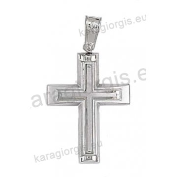 Βαπτιστικός σταυρός για αγόρι σε λευκόχρυσο σε λουστρέ φινίρισμα με ματ ένθετο σταυρό.