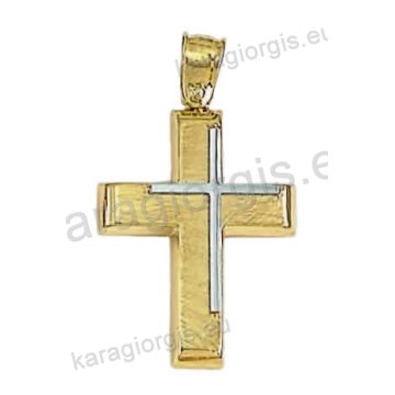 Βαπτιστικός σταυρός για αγόρι χρυσός με ματ φινίρισμα και ένθετο λευκόχρυσο σταυρό στο πλάι.