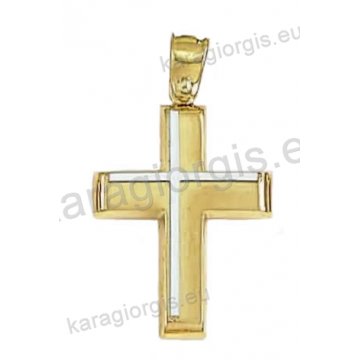 Βαπτιστικός σταυρός για αγόρι χρυσός με ματ φινίρισμα και ένθετο λευκόχρυσο σταυρό στο πλάι.