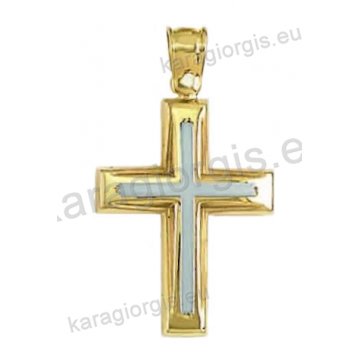 Βαπτιστικός σταυρός για αγόρι χρυσός σε λουστρέ φινίρισμα με ένθετο ματ λευκόχρυσο σταυρό.