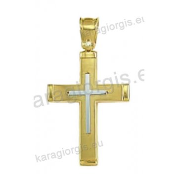 Βαπτιστικός σταυρός για αγόρι χρυσός με ματ φινίρισμα και ένθετο λευκόχρυσο σταυρό.