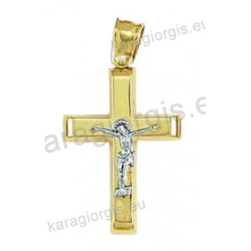 Βαπτιστικός σταυρός για αγόρι χρυσός με λουστρέ φινίρισμα και ένθετο λευκόχρυσο εσταυρωμένο.