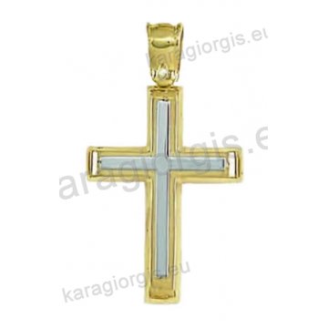 Βαπτιστικός σταυρός για αγόρι χρυσός σε λουστρέ φινίρισμα με ένθετο ματ λευκόχρυσο σταυρό.