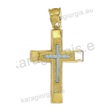 Βαπτιστικός σταυρός για αγόρι χρυσός με ματ και λουστρέ φινίρισμα και ένθετο λευκόχρυσο σταυρό.
