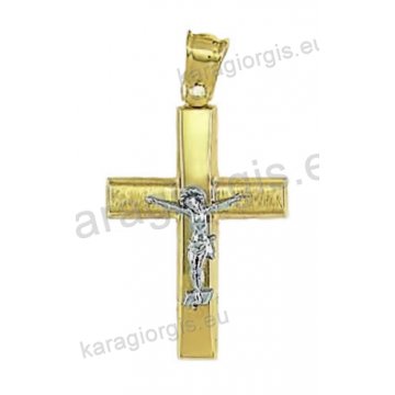 Βαπτιστικός σταυρός για αγόρι χρυσός με ματ και λουστρέ φινίρισμα και ένθετο λευκόχρυσο εσταυρωμένο.