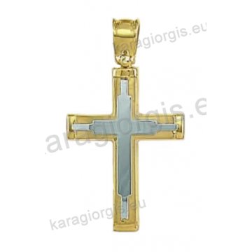 Βαπτιστικός σταυρός για αγόρι χρυσός σε λουστρέ φινίρισμα με ένθετο λευκόχρυσο σταυρό.