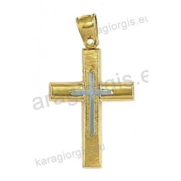 Βαπτιστικός σταυρός για αγόρι χρυσός με ματ και λουστρέ φινίρισμα και ένθετο λευκόχρυσο σταυρό.