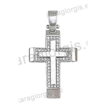 Βαπτιστικός σταυρός για κορίτσι σε λευκόχρυσο με ένθετο σταυρό σε λουστρέ φινίρισμα και άσπρες πέτρες ζιργκόν.