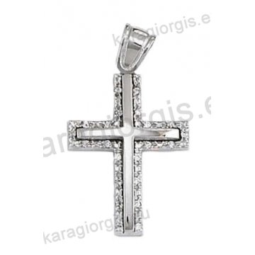 Βαπτιστικός σταυρός για κορίτσι σε λευκόχρυσο με ένθετο σταυρό σε λουστρέ φινίρισμα και άσπρες πέτρες ζιργκόν.