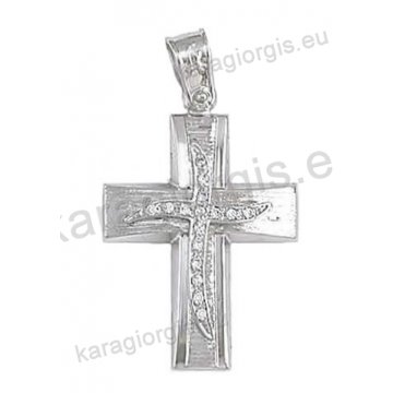 Βαπτιστικός σταυρός για κορίτσι σε λευκόχρυσο με σαγρέ-λουστρέ φινίρισμα ένθετο σταυρό και άσπρες πέτρες ζιργκόν.