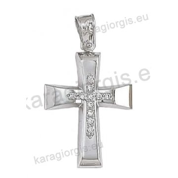 Βαπτιστικός σταυρός για κορίτσι σε λευκόχρυσο με λουστρέ φινίρισμα ένθετο σταυρό και άσπρες πέτρες ζιργκόν.