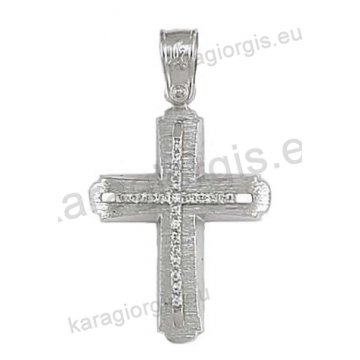 Βαπτιστικός σταυρός για κορίτσι σε λευκόχρυσο με σαγρέ φινίρισμα ένθετο σταυρό και άσπρες πέτρες ζιργκόν.