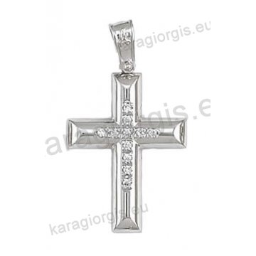 Βαπτιστικός σταυρός για κορίτσι σε λευκόχρυσο με λουστρέ φινίρισμα ένθετο σταυρό και άσπρες πέτρες ζιργκόν.