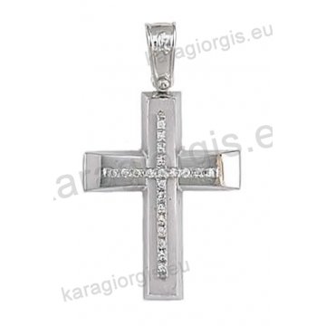 Βαπτιστικός σταυρός για κορίτσι σε λευκόχρυσο με ματ-λουστρέ φινίρισμα ένθετο σταυρό και άσπρες πέτρες ζιργκόν.