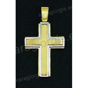 Βαπτιστικός σταυρός για αγόρι χρυσός με λευκόχρυσο σε λουστρέ και ματ φινίρισμα.