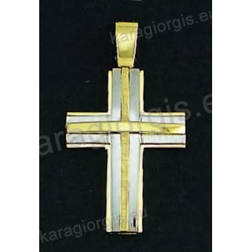 Βαπτιστικός σταυρός για αγόρι χρυσός με λευκόχρυσο σε λουστρέ και ματ φινίρισμα με ένθετο σταυρό.
