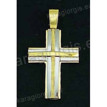 Βαπτιστικός σταυρός για αγόρι χρυσός με λευκόχρυσο σε λουστρέ και ματ φινίρισμα με ένθετο σταυρό.