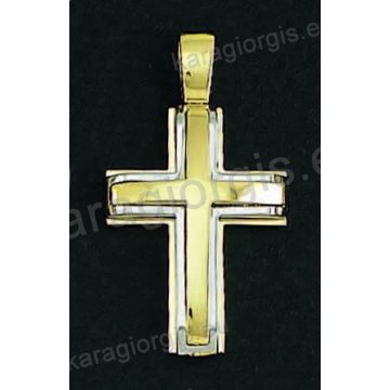 Βαπτιστικός σταυρός για αγόρι χρυσός με λευκόχρυσο σε λουστρέ φινίρισμα με ένθετο σταυρό.