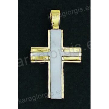 Βαπτιστικός σταυρός για αγόρι χρυσός με λευκόχρυσο σε λουστρέ και ματ φινίρισμα με ένθετο σταυρό.