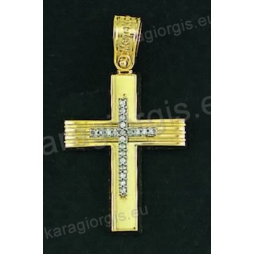Βαπτιστικός σταυρός για κορίτσι σε χρυσό με λουστρέ φινίρισμα ένθετο σταυρό και άσπρες πέτρες ζιργκόν.