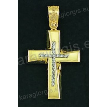 Βαπτιστικός σταυρός για κορίτσι σε χρυσό με λουστρέ-ματ φινίρισμα ένθετο σταυρό και άσπρες πέτρες ζιργκόν.