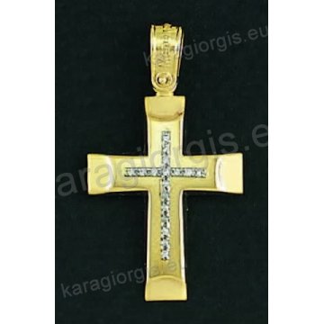 Βαπτιστικός σταυρός για κορίτσι σε χρυσό με λουστρέ φινίρισμα ένθετο σταυρό και άσπρες πέτρες ζιργκόν.
