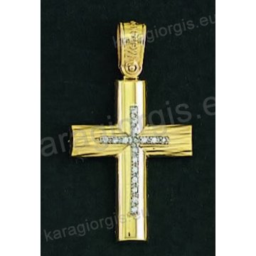 Βαπτιστικός σταυρός για κορίτσι σε χρυσό με λουστρέ-σαγρέ φινίρισμα ένθετο σταυρό και άσπρες πέτρες ζιργκόν.
