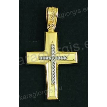 Βαπτιστικός σταυρός για κορίτσι σε χρυσό με λουστρέ-ματ φινίρισμα ένθετο σταυρό και άσπρες πέτρες ζιργκόν.