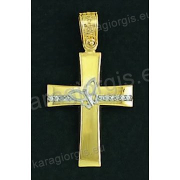 Βαπτιστικός σταυρός για κορίτσι χρυσός με λουστρέ φινίρισμα και ένθετη λευκόχρυση πεταλούδα με άσπρες πέτρες ζιργκόν.