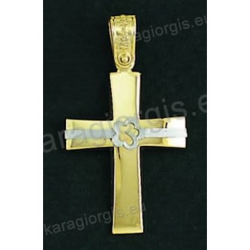 Βαπτιστικός σταυρός για κορίτσι χρυσός με λουστρέ φινίρισμα και ένθετο λευκόχρυσο λουλουδάκι.