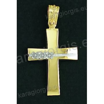 Βαπτιστικός σταυρός για κορίτσι χρυσός με λουστρέ φινίρισμα και ένθετα λευκόχρυσα λουλουδάκια με άσπρες πέτρες ζιργκόν.