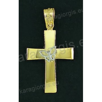 Βαπτιστικός σταυρός για κορίτσι χρυσός με λουστρέ φινίρισμα και ένθετη λευκόχρυση πεταλούδα.