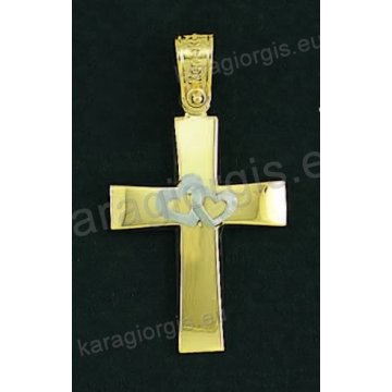 Βαπτιστικός σταυρός για κορίτσι χρυσός με λουστρέ φινίρισμα και ένθετες λευκόχρυσες καρδιές.