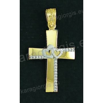 Βαπτιστικός σταυρός για κορίτσι χρυσός με λουστρέ φινίρισμα και ένθετες λευκόχρυσες καρδιές με άσπρες πέτρες ζιργκόν.