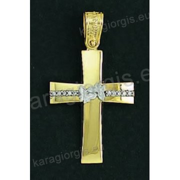Βαπτιστικός σταυρός για κορίτσι χρυσός με λουστρέ φινίρισμα και ένθετες λευκόχρυσες πεταλούδες με άσπρες πέτρες ζιργκόν.