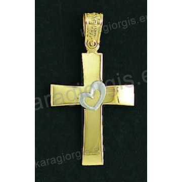 Βαπτιστικός σταυρός για κορίτσι χρυσός με λουστρέ φινίρισμα και ένθετη λευκόχρυση καρδιά.