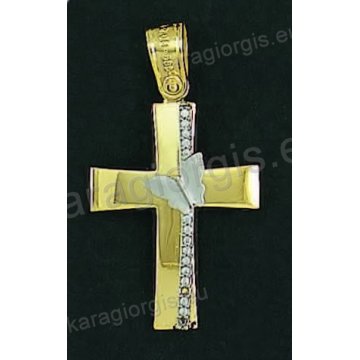 Βαπτιστικός σταυρός για κορίτσι χρυσός με λουστρέ φινίρισμα και ένθετη λευκόχρυση πεταλούδα με άσπρες πέτρες ζιργκόν.