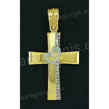 Βαπτιστικός σταυρός για κορίτσι χρυσός με λουστρέ φινίρισμα και ένθετη λευκόχρυση καρδιά με άσπρες πέτρες ζιργκόν.