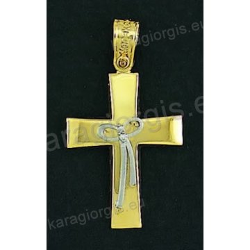 Βαπτιστικός σταυρός για κορίτσι χρυσός με λουστρέ φινίρισμα και ένθετο λευκόχρυσο φιογκάκι.