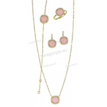 Σετ Κ14 χρυσό αρραβώνα-γάμου με κολιέ, βραχιόλι, σκουλαρίκι, δαχτυλίδι με άσπρες quartz σε ροζ χρώμα και άσπρες πέτρες ζιργκόν.  