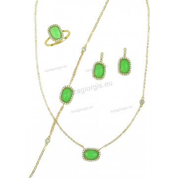Σετ Κ14 χρυσό αρραβώνα-γάμου με κολιέ, βραχιόλι, σκουλαρίκι, δαχτυλίδι με άσπρες quartz σε πράσινο χρώμα και άσπρες πέτρες ζιργκόν.  