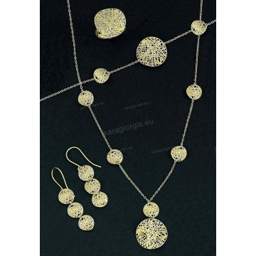Σετ Κ14 χρυσό αρραβώνα-γάμου με κολιέ, βραχιόλι, δαχτυλίδι, σκουλαρίκι σε ασύμμετρους κύκλους με χειροποίητο σύρμα.  