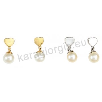 Σκουλαρίκι ημι κρεμαστό χρυσό ή λευκόχρυσο σε καρδιά Κ14 με άσπρη πέρλα.