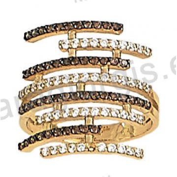 Δαχτυλίδι fashion χρυσό K14 οκτάσειρο σε άσπρες και brown πέτρες ζιργκόν.