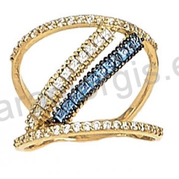Δαχτυλίδι fashion χρυσό K14 σε χιαστί με bleu London και άσπρες πέτρες ζιργκόν.