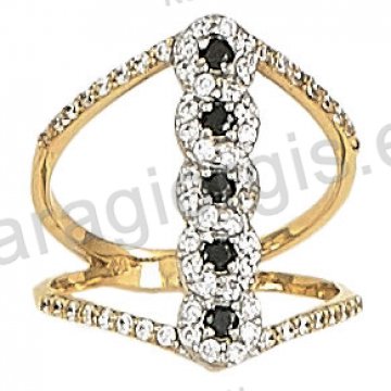 Δαχτυλίδι fashion χρυσό K14 σε νυχάτο σχέδιο με άσπρες και μπλέ πέτρες ζιργκόν.